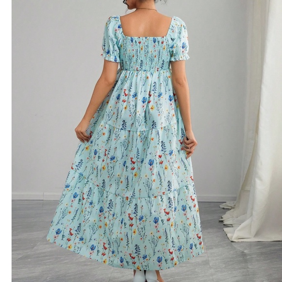 Maternity Floral Print Puff Sleeve Smocked High Waisted Maxi Dress - Picture 2 of 3